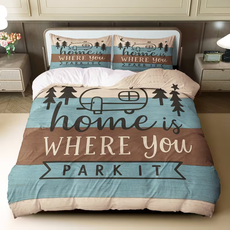 Rustic camping bedroom decor with camper RV bedding