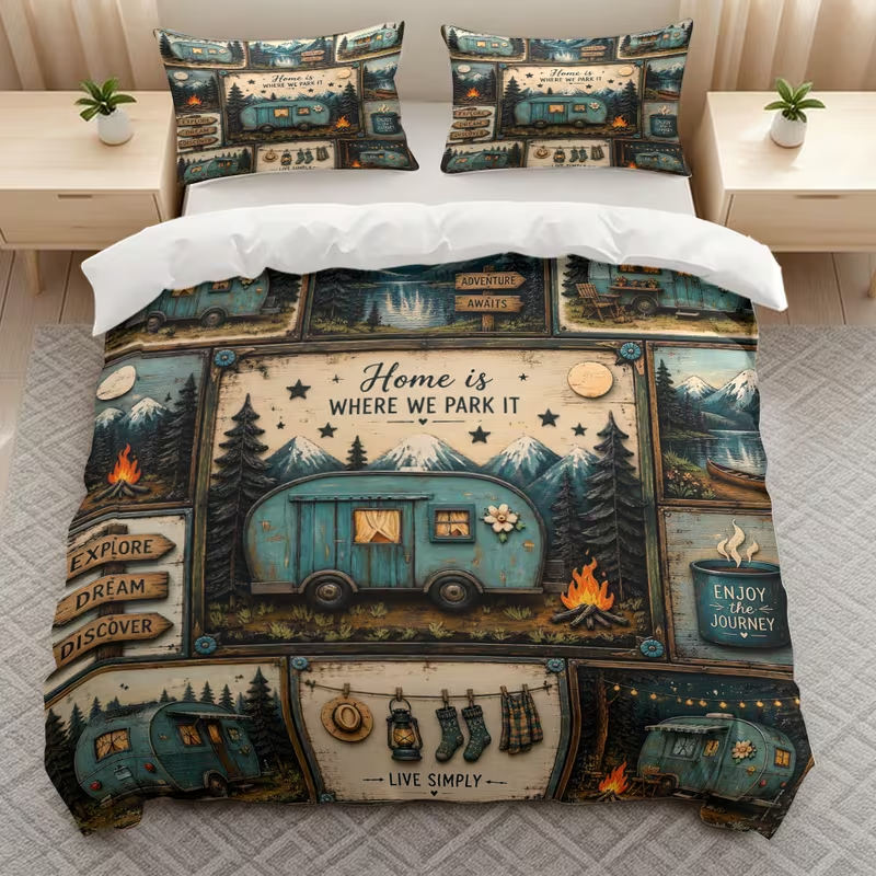 Nature inspired camping quilt cover with forest tent theme