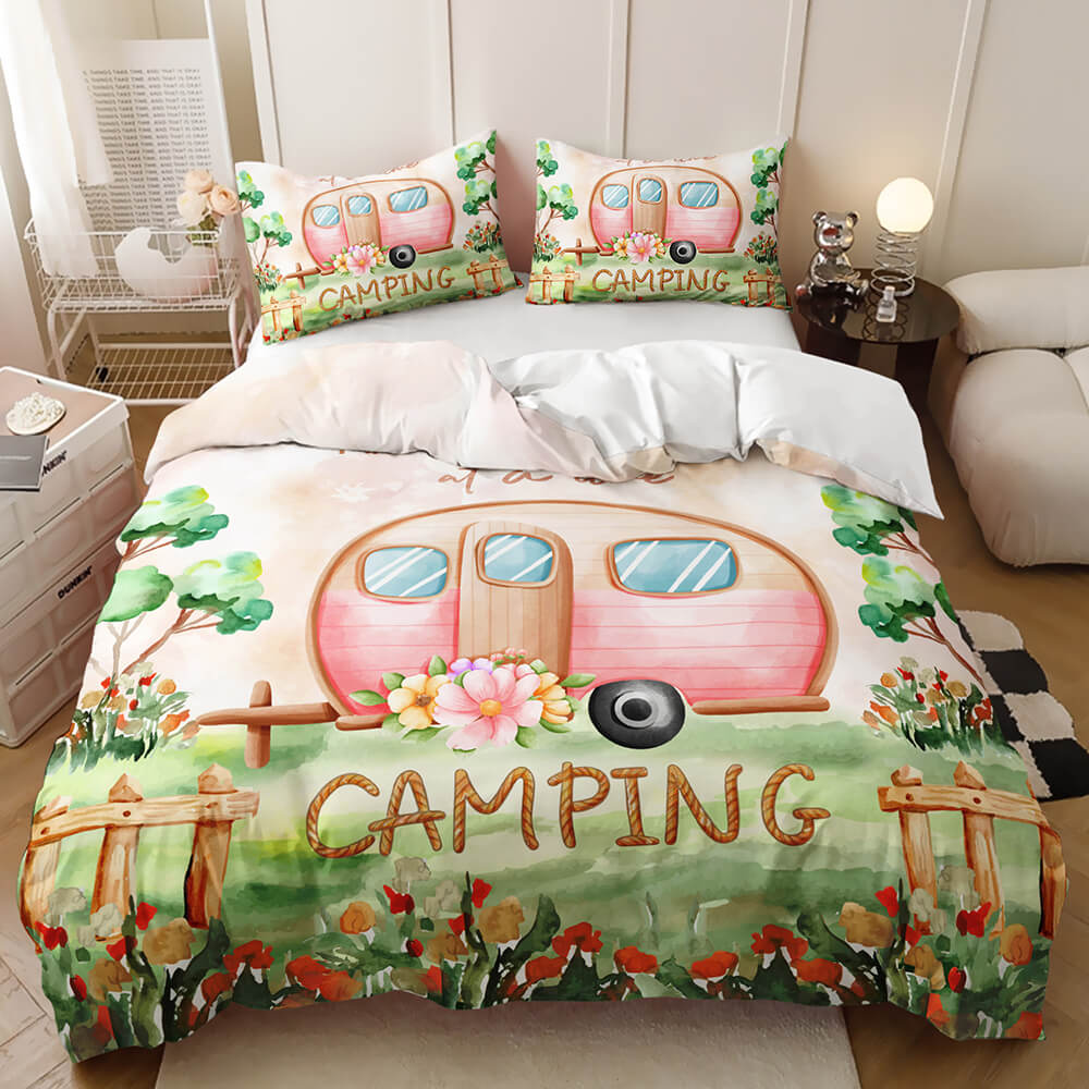 Vintage camping duvet cover with forest tent and camper RV