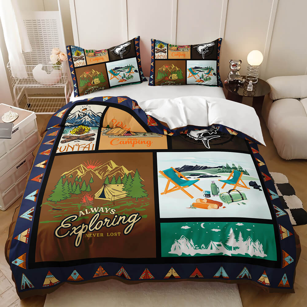 Camping theme quilt cover featuring a camper RV and trailer