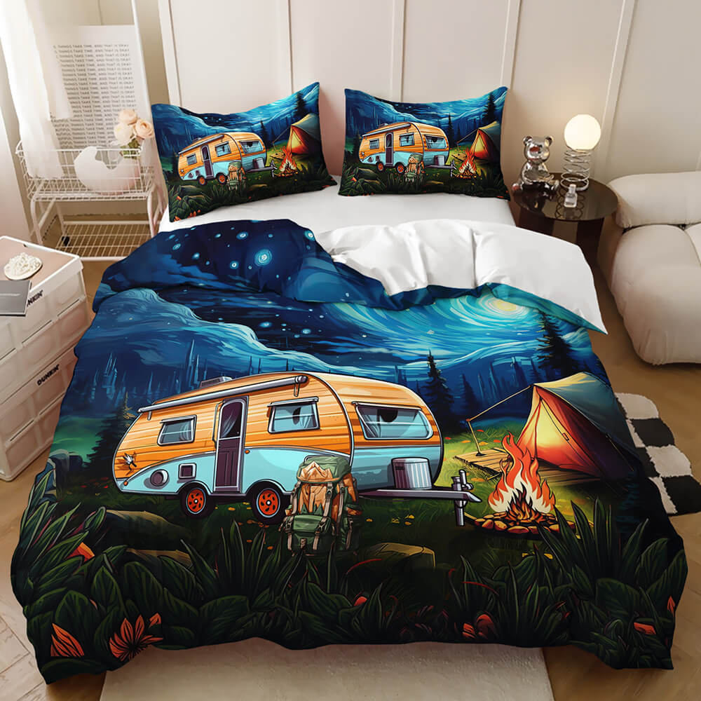 Rustic camping bedding with starry sky and forest scenery