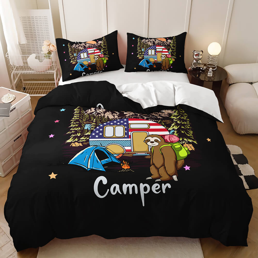 Rustic camping bedding with starry sky and forest scenery