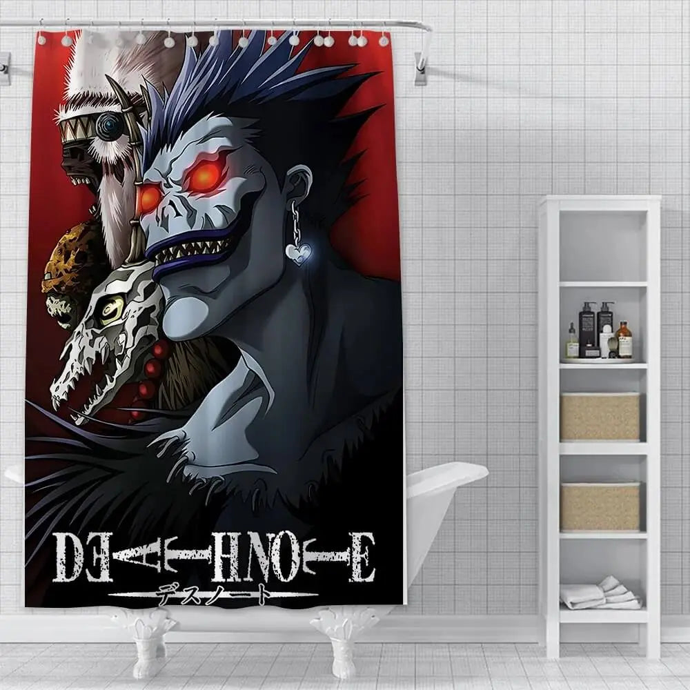 Anime Death Note Shower Curtain – Waterproof polyester bathroom curtain with bold black and white anime design featuring Death Note characters from Zirconic