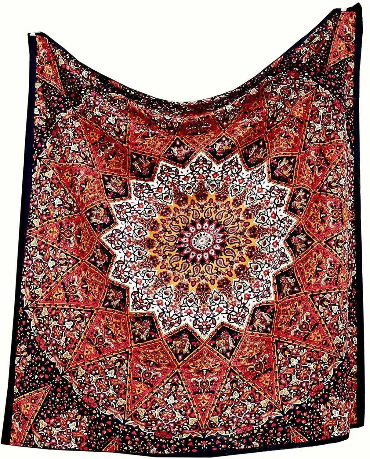 Sacred Indian mandala wall fabric in yoga space with floor pillows