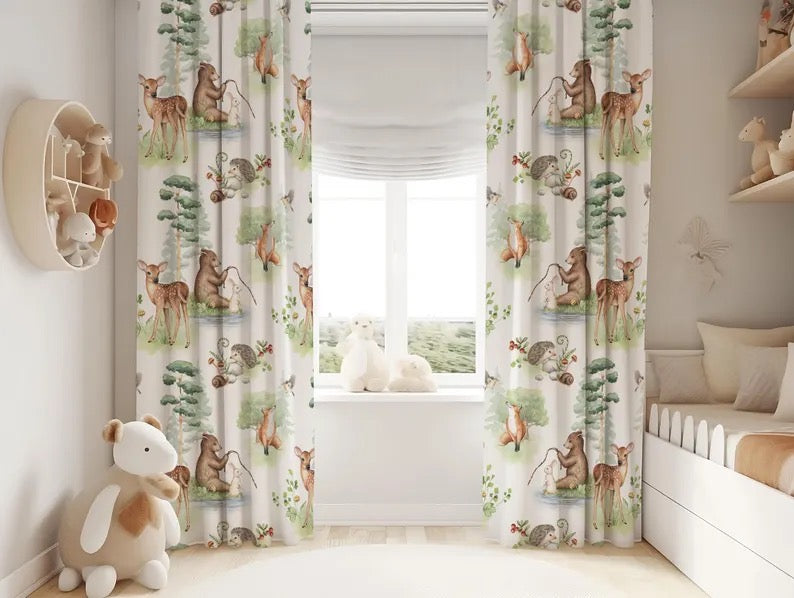 "Safari-themed window curtains for nursery with giraffe and tropical leaves"