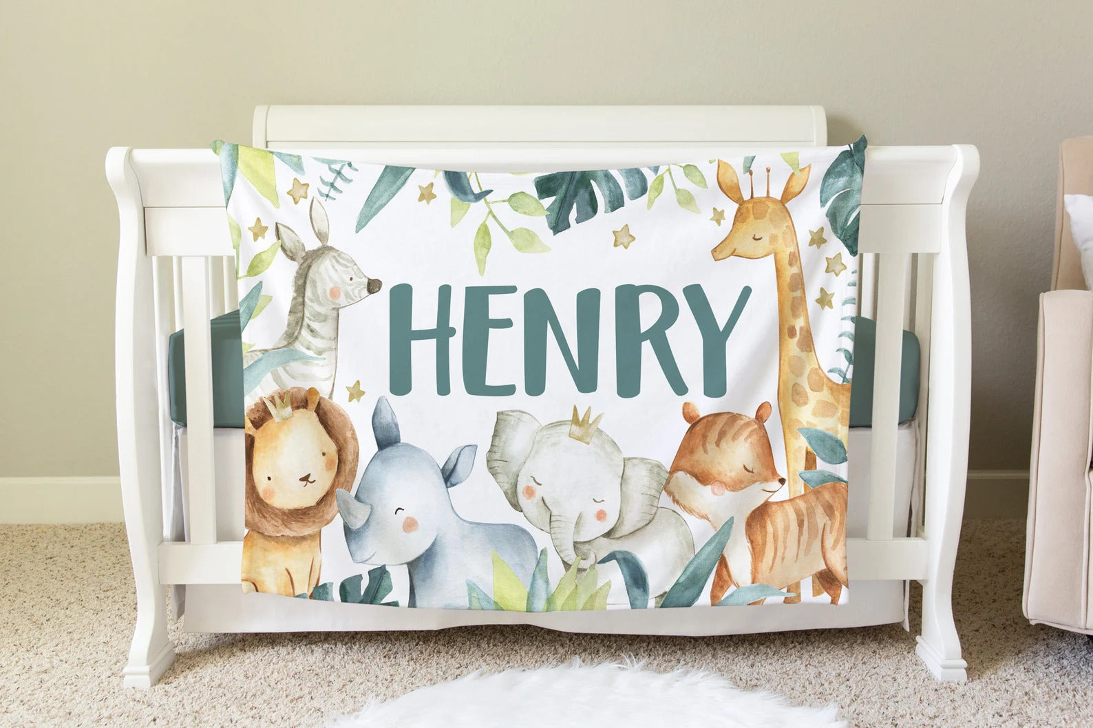 Safari Blanket, Personalized Baby Blanket Gift, Toddler Blanket, Jungle Nursery Decor, Toddler Birthday Gift, Safari Theme, Elephant