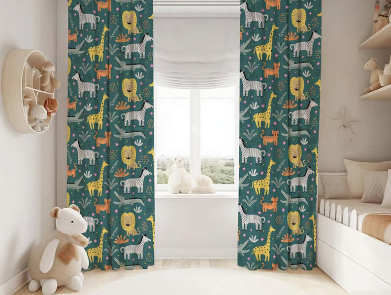 "Safari animal drapes with watercolor lion, zebra, and elephant – kids room curtains"