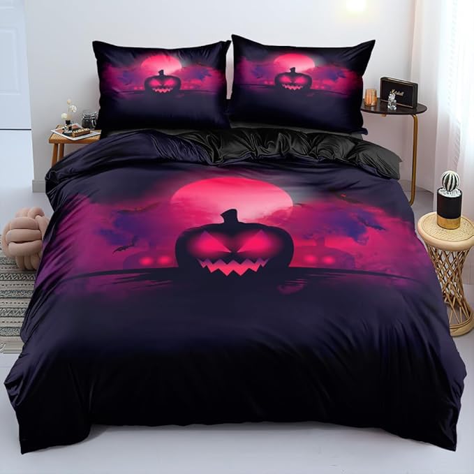Scary Devil Pumpkin Head Duvet Cover for Boys Teens Adults Black Red with Pillowcase