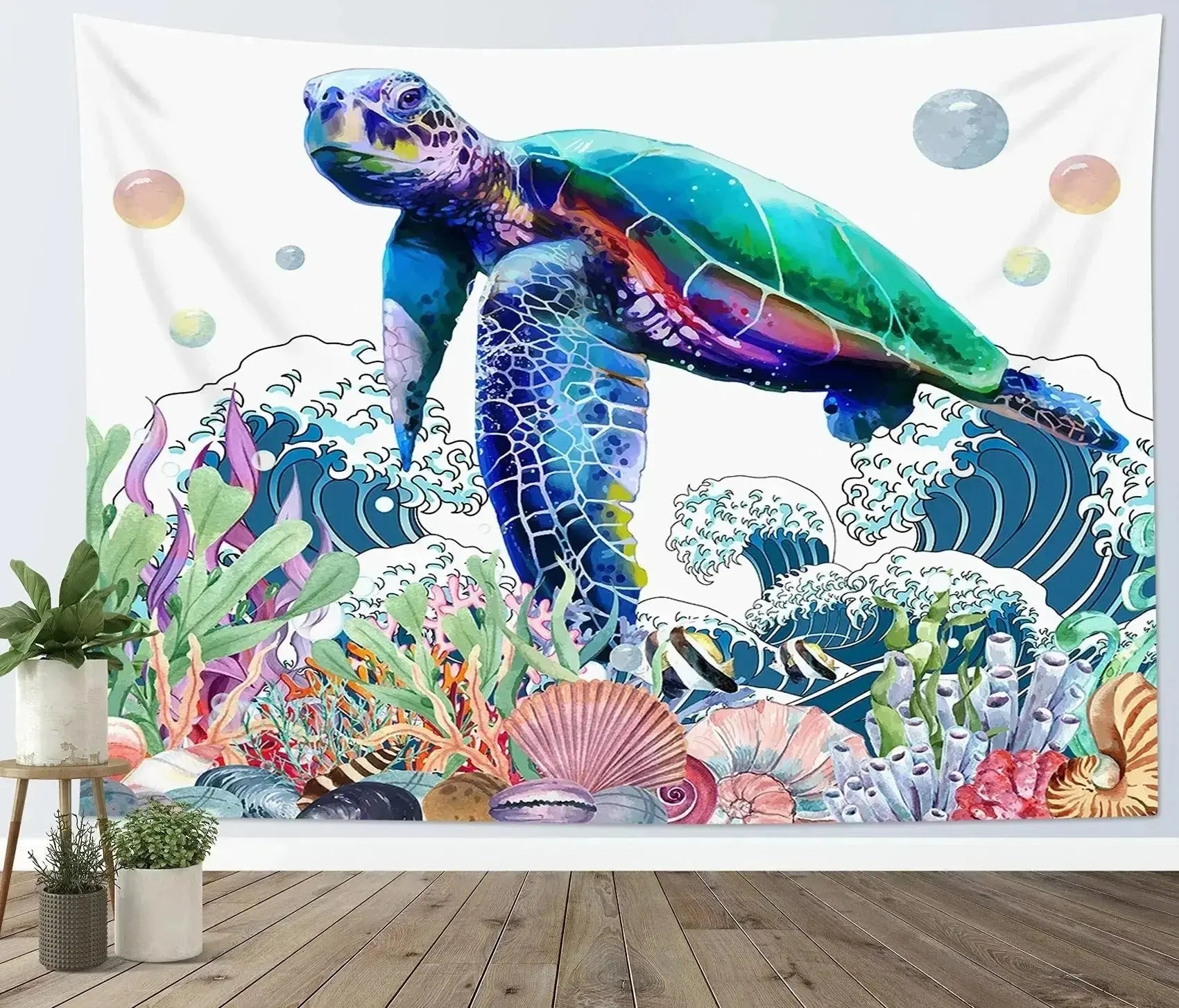 Sea turtle art blanket with colorful underwater reef painting