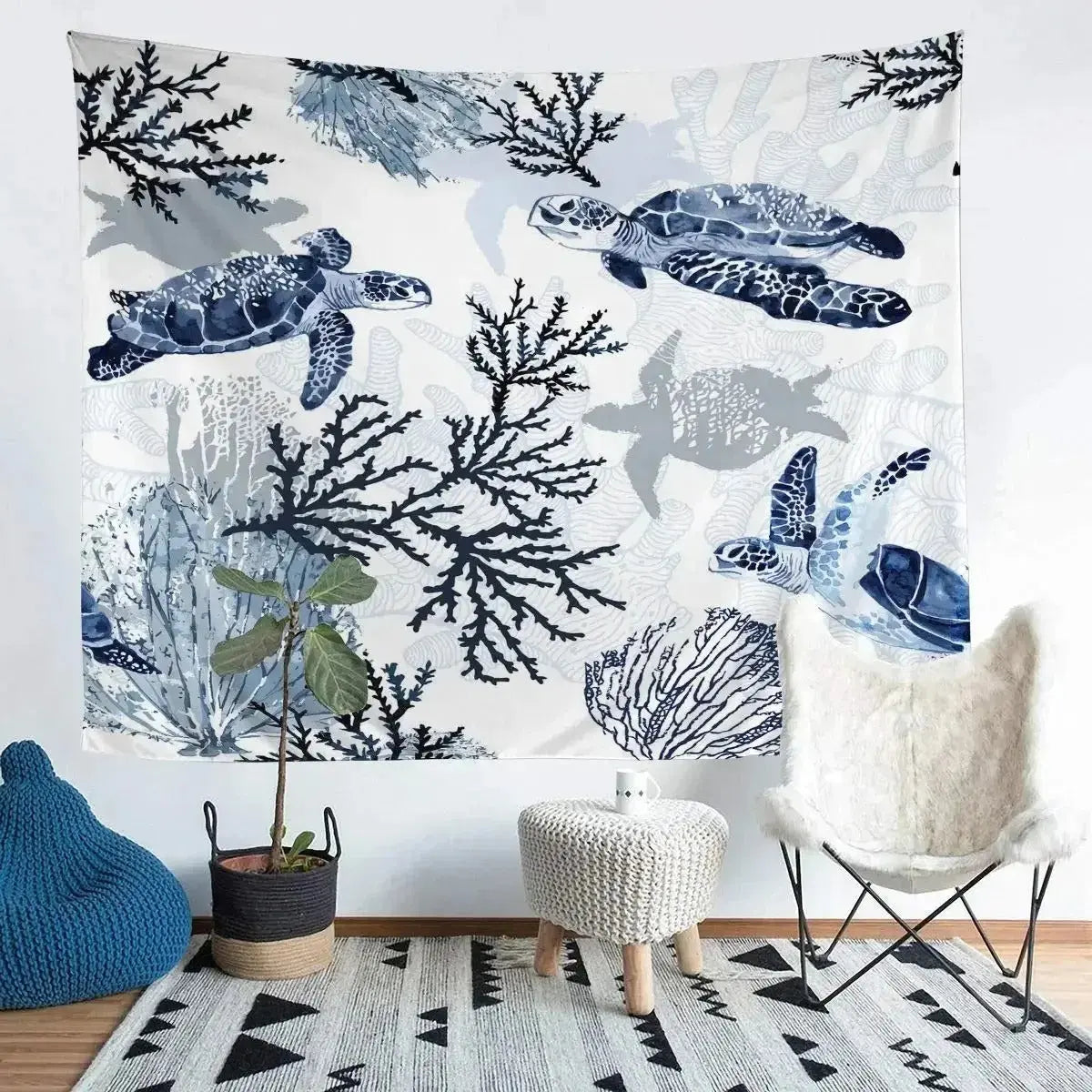 Watercolor sea turtle wall tapestry with coral reef ocean theme
