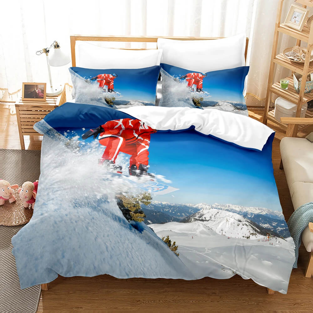 Bedding set with skier design in a bedroom decor