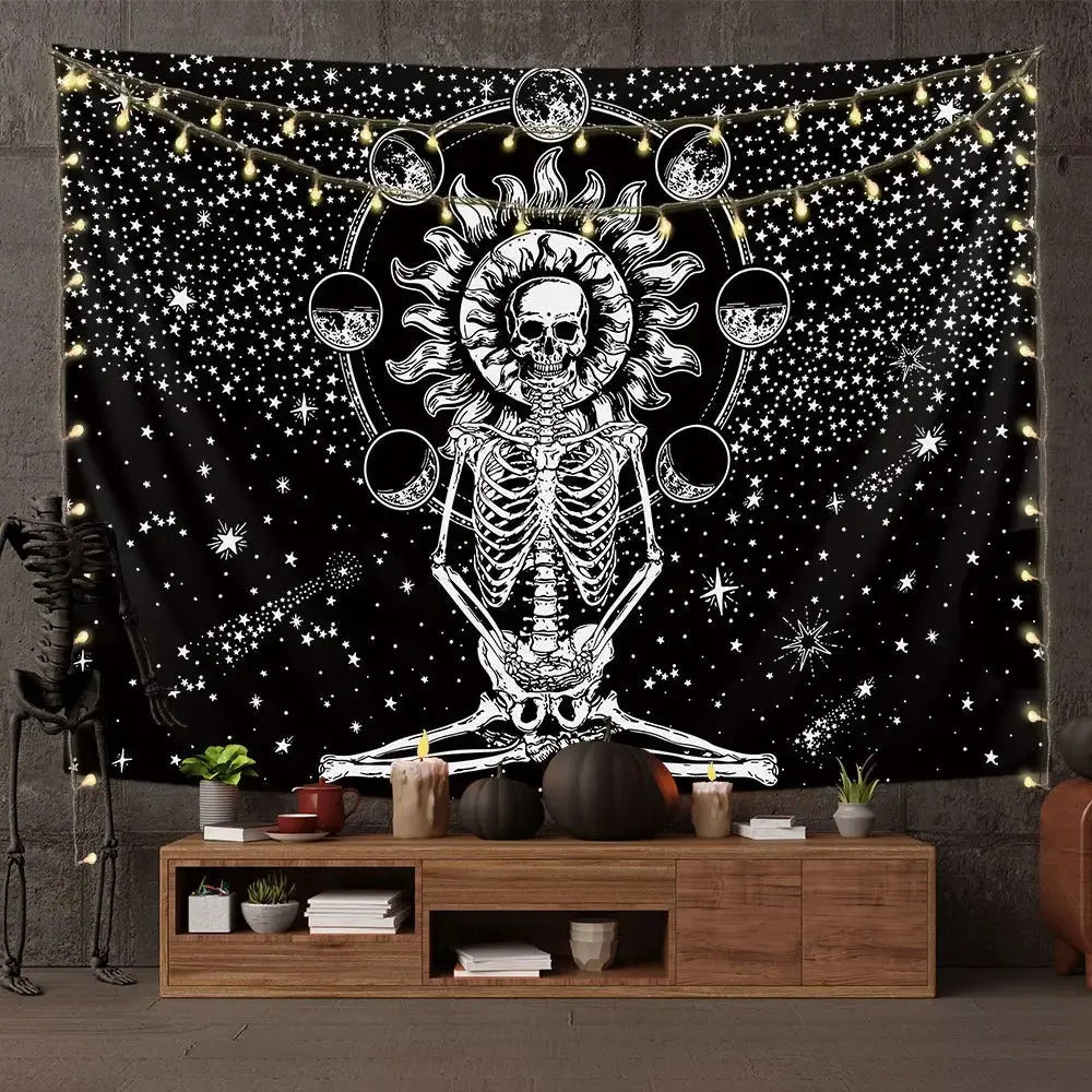 Skeleton wall blanket with skull psychedelic print

Gothic skull tapestry lightweight fabric

Trippy skull wall art blanket-style

Boho goth wall decor with skeleton