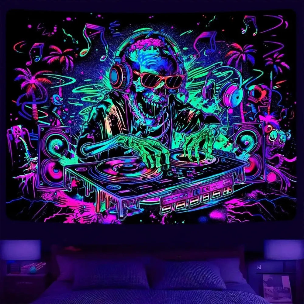 Neon DJ skeleton UV blacklight tapestry

Skull party decor glowing wall hanging

UV reactive hip hop skeleton room backdrop

Blacklight trippy skull art for dorm walls