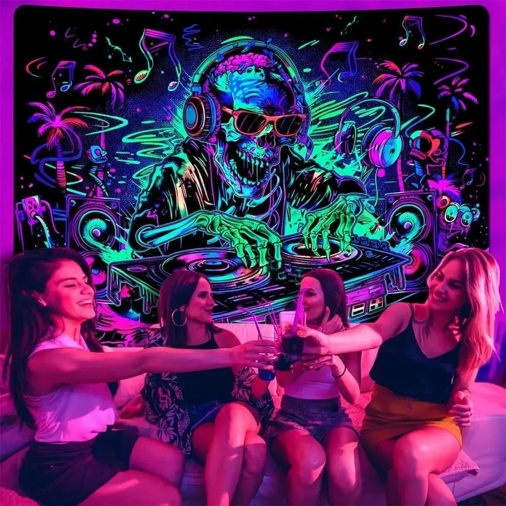 Neon DJ skeleton UV blacklight tapestry

Skull party decor glowing wall hanging

UV reactive hip hop skeleton room backdrop

Blacklight trippy skull art for dorm walls