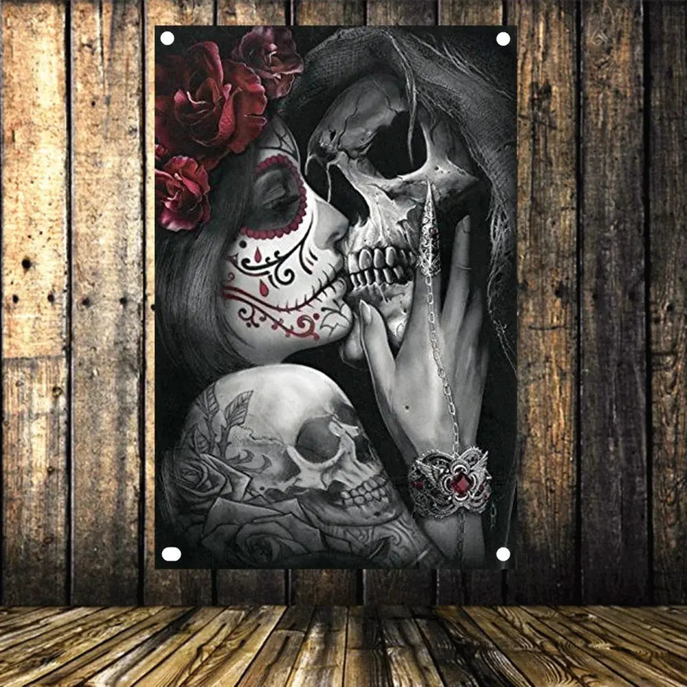 Skull UV wall panel psychedelic print

Blacklight skull decor for gothic interiors

Psychedelic banner with skeleton face

Skull blacklight artwork for living room