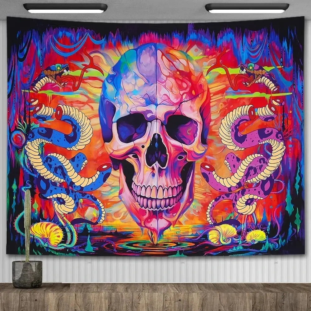 Psychedelic skull and mushroom tapestry with celestial floral gothic design