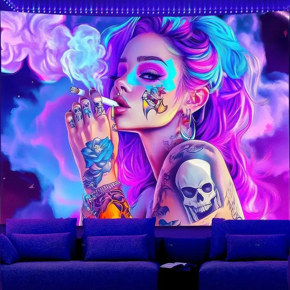 UV reactive smoking anime girl tapestry glowing under blacklight in dark room