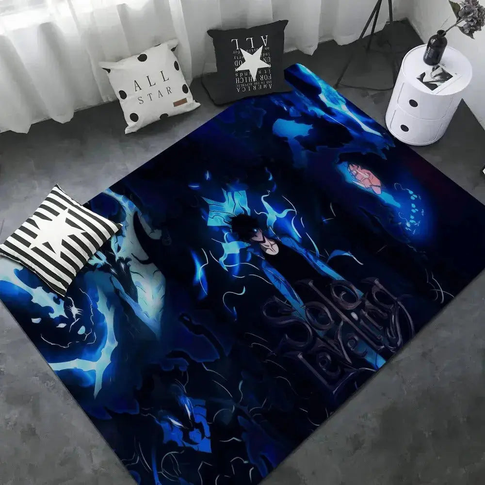 Solo Leveling anime rug placed in a hallway entryway with soft lighting