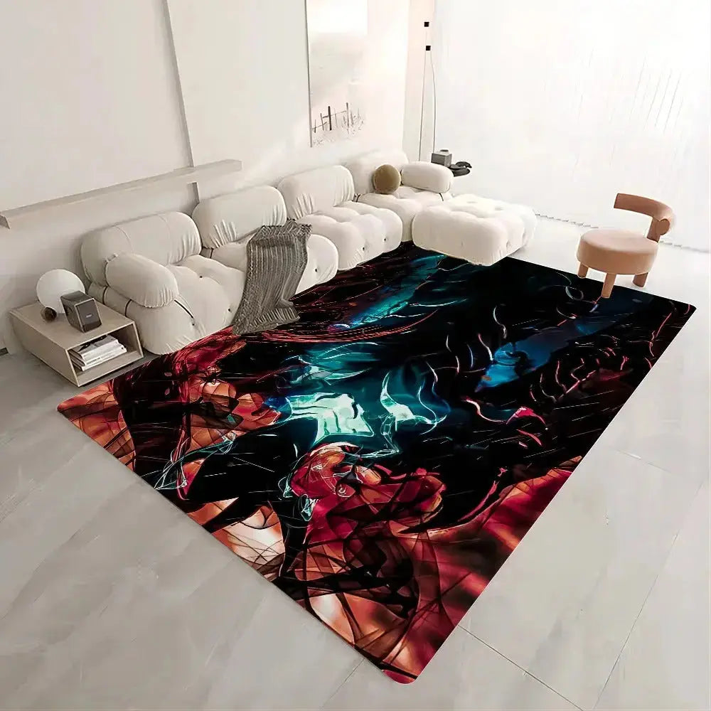 Long hallway carpet with bold Solo Leveling anime print