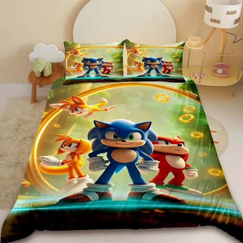 Sonic cartoon kids duvet cover set on a neatly made bed with matching pillowcases