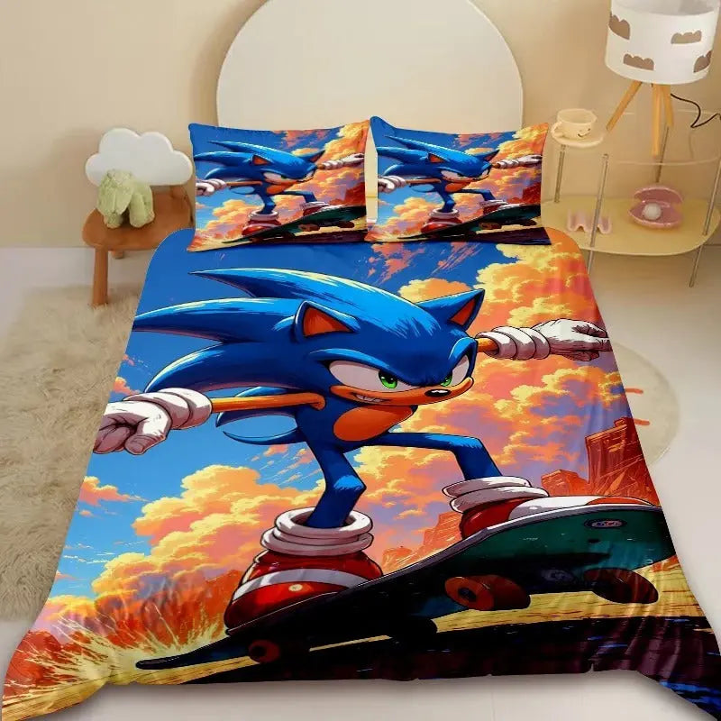 Sonic cartoon comforter cover for kids with matching pillowcases in a video game room