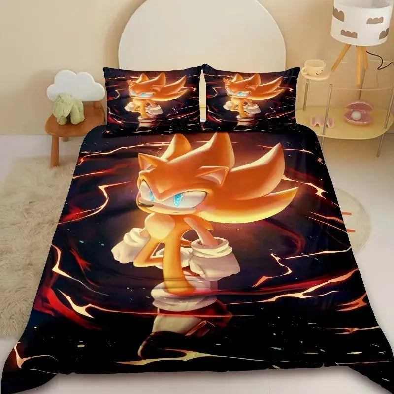 Sonic-themed kids bedding with cartoon duvet cover and matching pillowcases