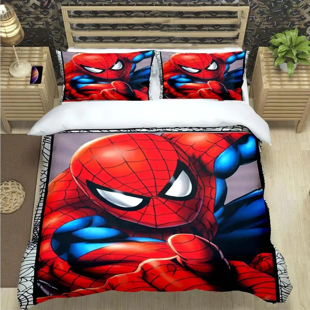 Spider-Man themed duvet cover set with red and blue Marvel comic-style design