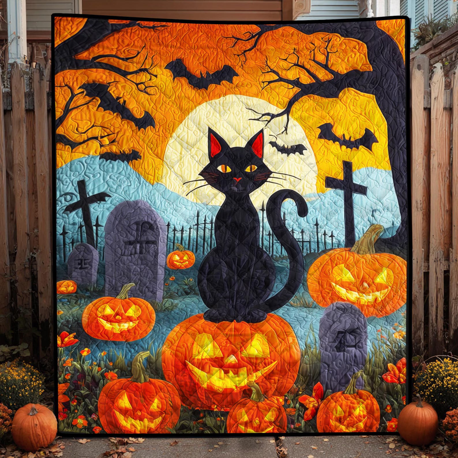 Spooky Halloween Black Cat Quilt Blanket, Witch Cat Throw & Pumpkins, Fall Blanket for Cat Lovers, Gothic Halloween Home Decor, Witchy Gift