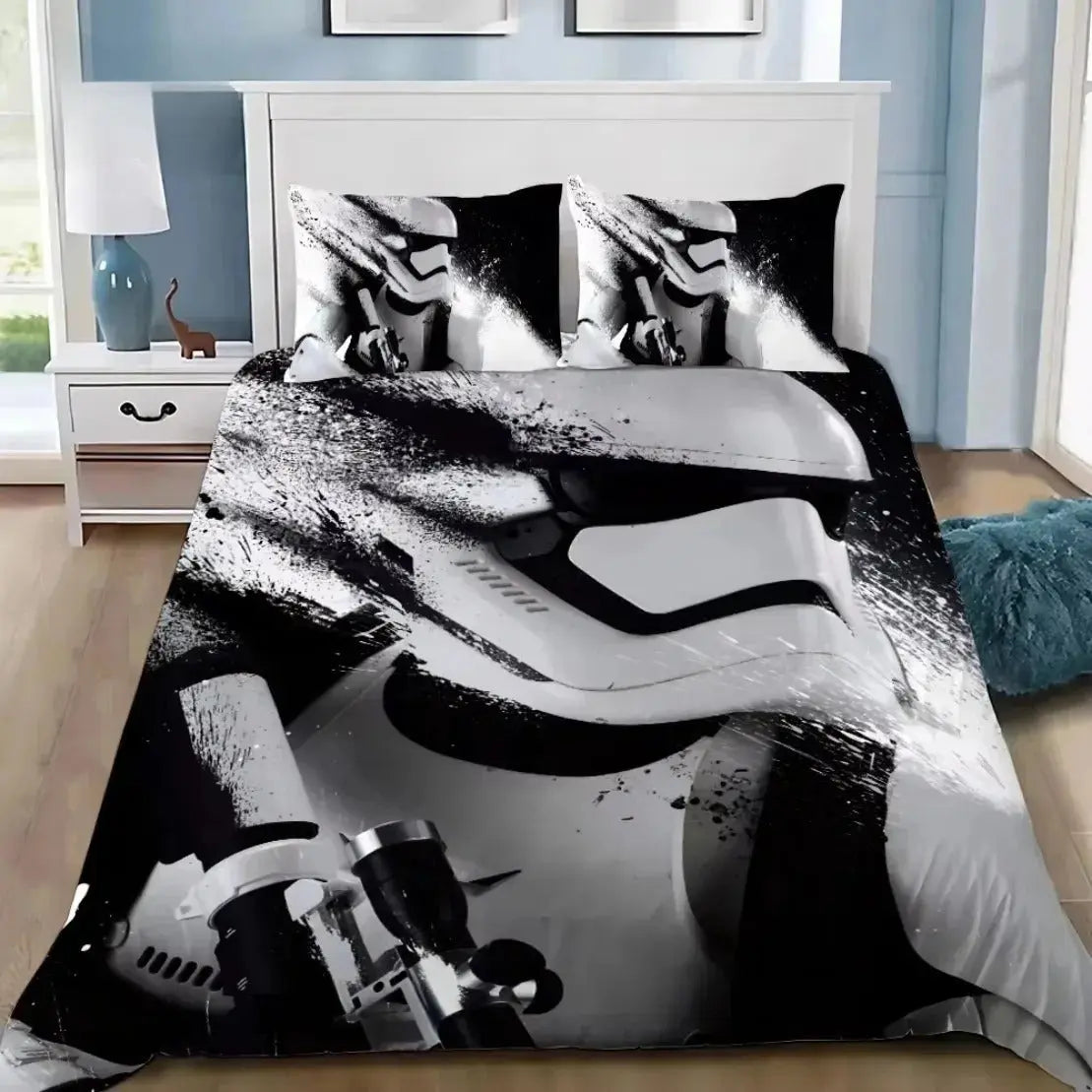 Star Wars film-themed 3D printed quilt cover and pillowcases on king size bed