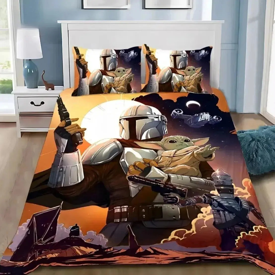 3D Star Wars bedding set with pillowcases on a galaxy-themed queen bed