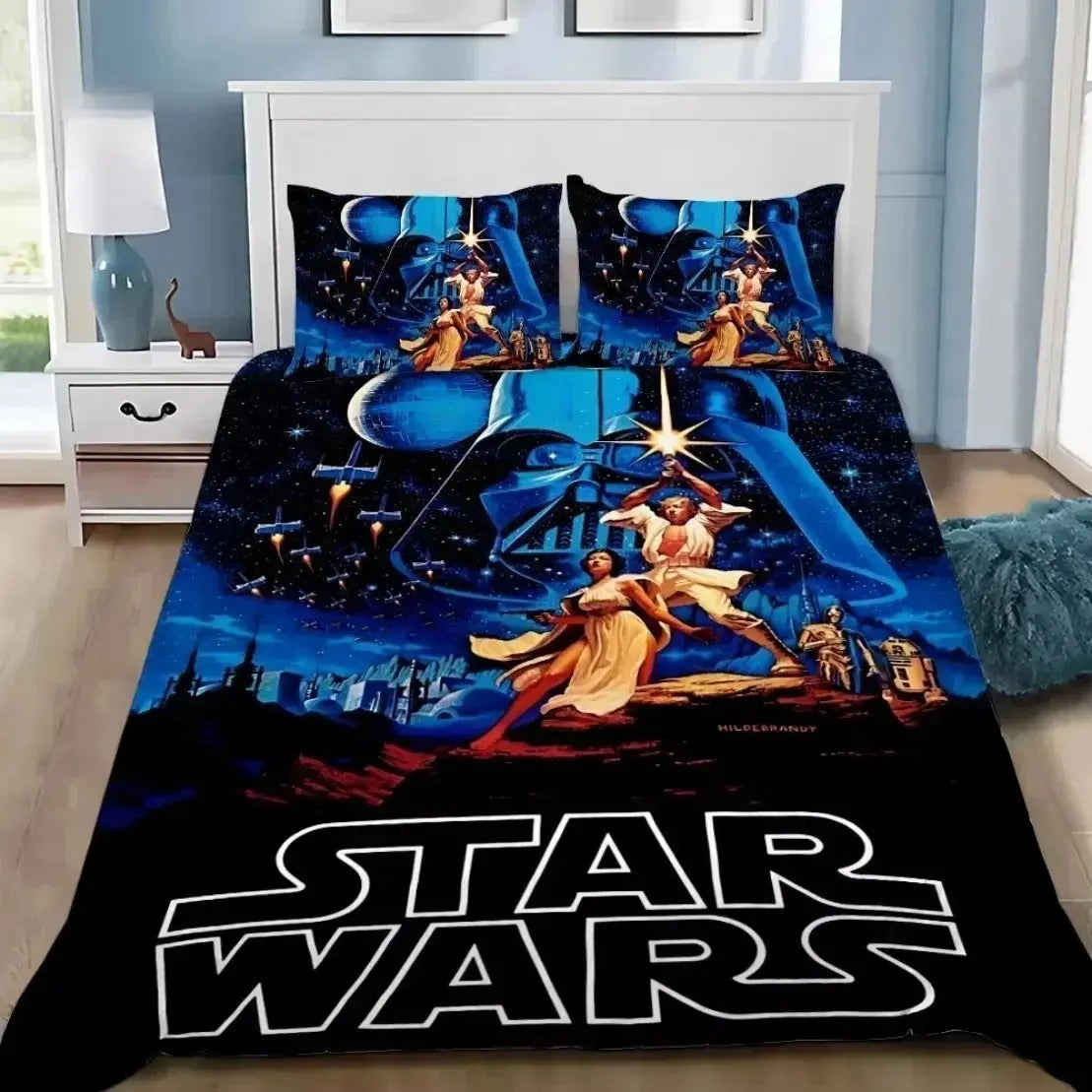 Movie-themed Star Wars duvet cover set in 3D with pillowcases on a king bed