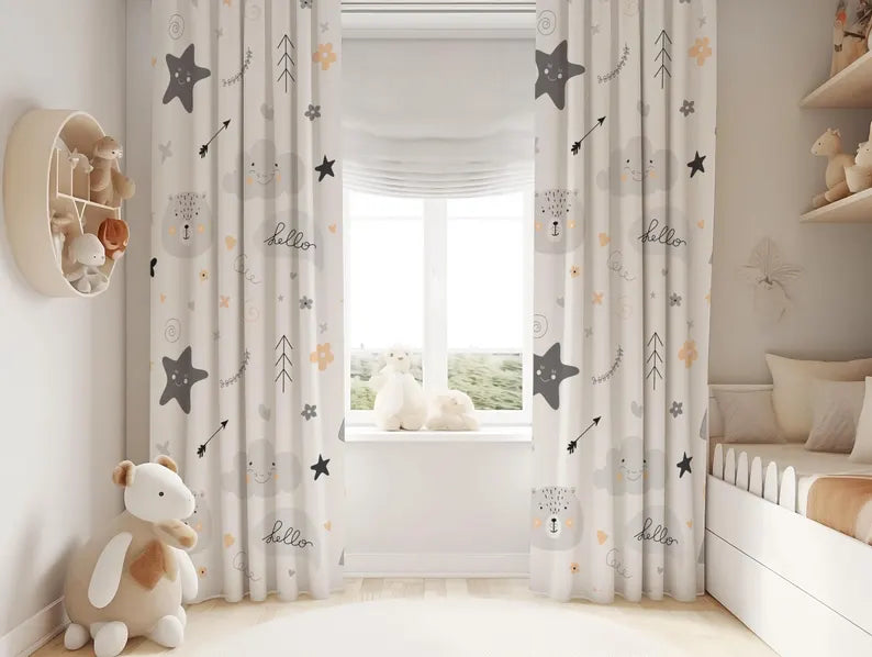 Star Animal Print Kids Curtains: Neutral Boho Nursery Decor