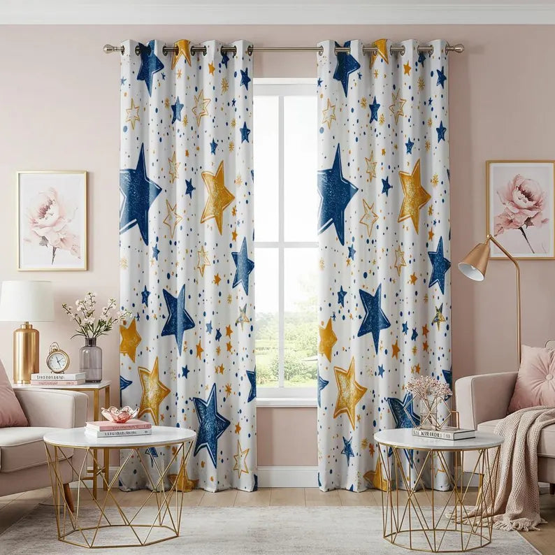 Starry Sky Curtain Panel, Blue and Yellow Stars with Cosmic Pattern Custom Length Drapery, Kids' Room or Celestial Home Decor
