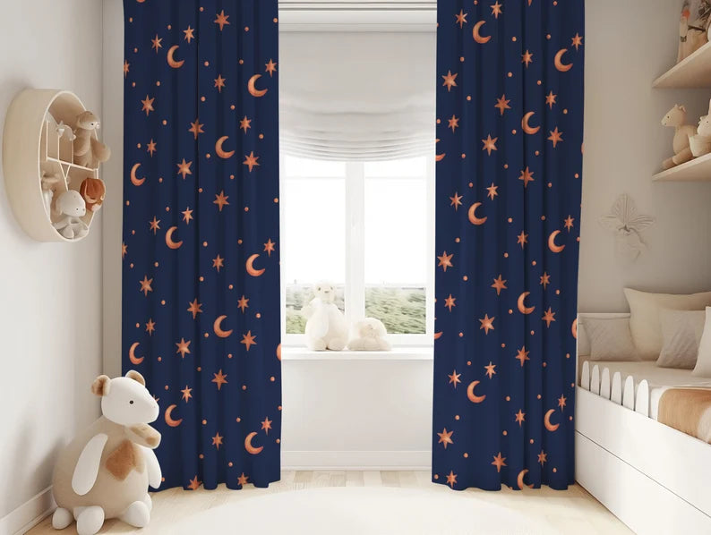 Stars and Moons Nursery Curtains: Navy Blue Baby Room Window
Panel