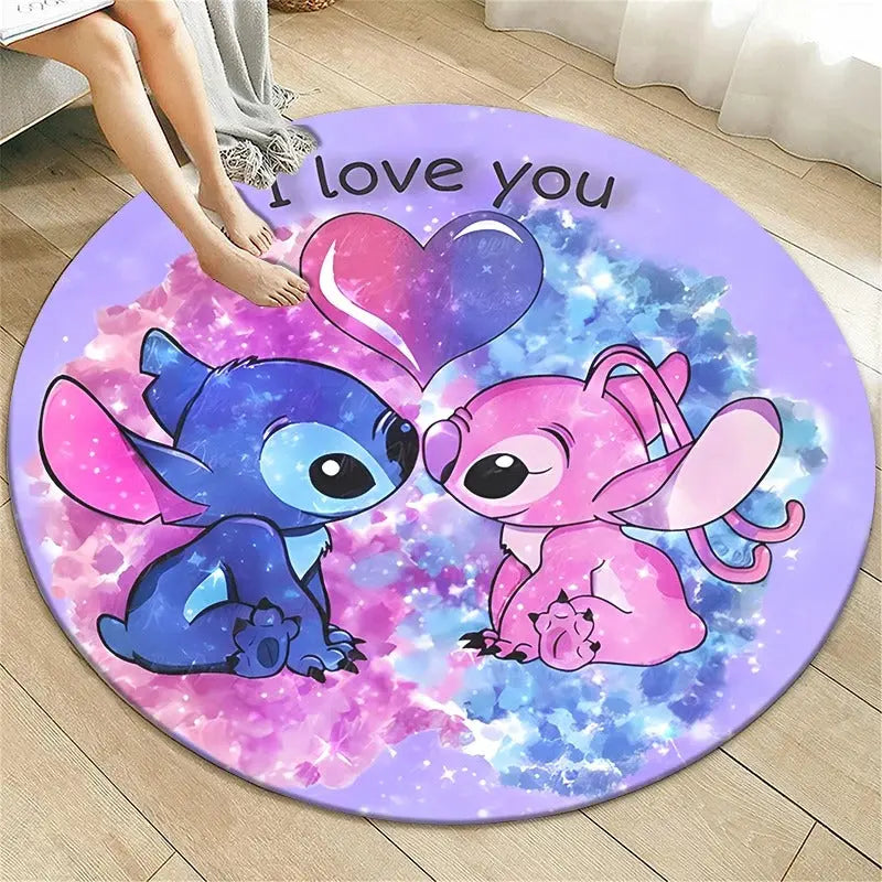 Round flannel rug featuring cartoon Stitch design, soft and non-slip for indoor and outdoor use