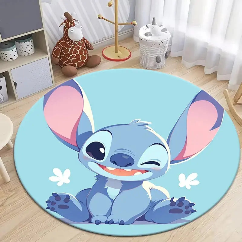 Round Stitch cartoon rug with “Ohana means family” text and soft flannel texture