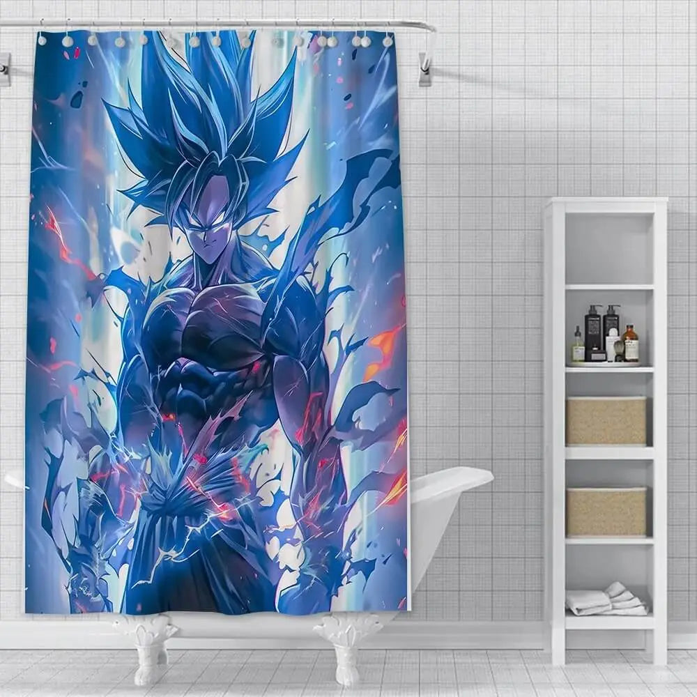 Anime Goku waterproof polyester shower curtain with vibrant Dragon Ball design hanging in modern bathroom