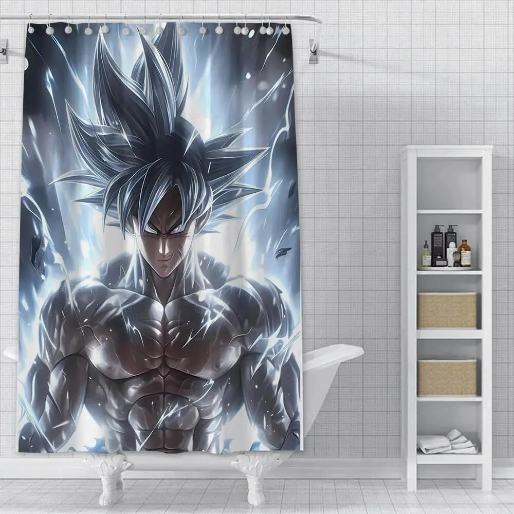 Anime Goku waterproof polyester shower curtain with vibrant Dragon Ball design hanging in modern bathroom