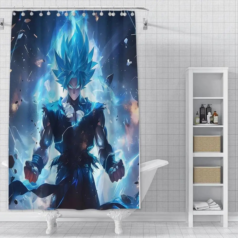 Anime Goku waterproof polyester shower curtain with vibrant Dragon Ball design hanging in modern bathroom