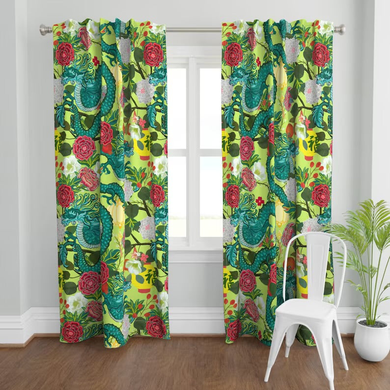 Thailand Dragon Curtain Panel - Asia Large Scale Maximalist
Traditional Lime Green Teal Custom Curtain Panel