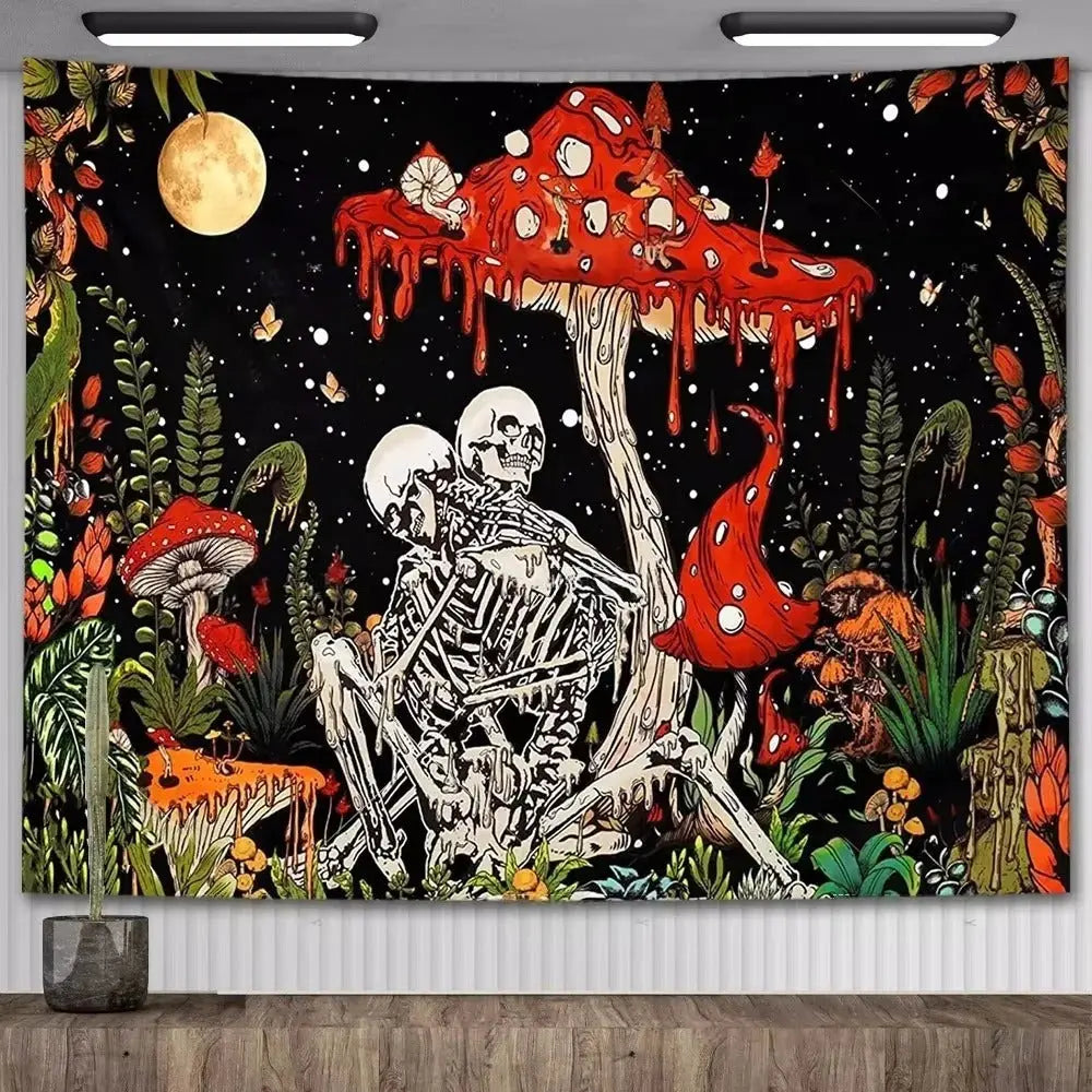 The Lovers skull gothic tapestry with mushrooms and moon in psychedelic colors