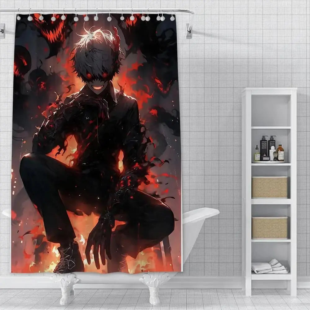 Waterproof anime bathroom curtain featuring Kaneki from Tokyo Ghoul