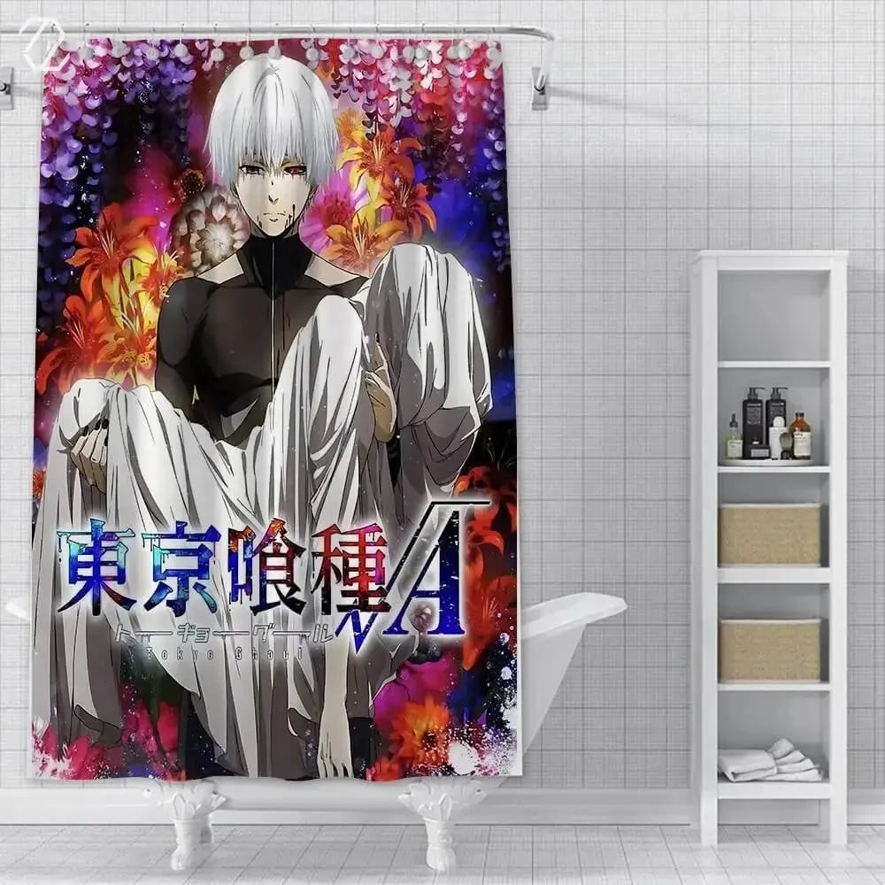 Colorful Tokyo Ghoul anime shower curtain featuring Kaneki Ken