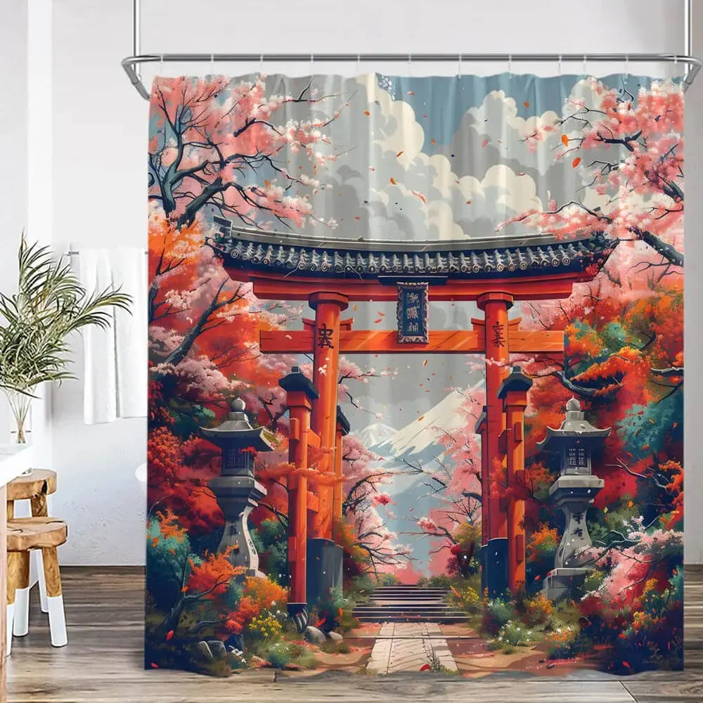 Torii Gate Cherry Blossom Shower Curtain
