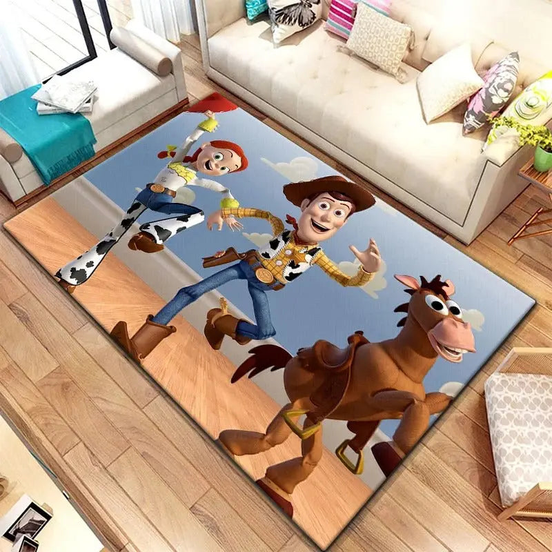 Toy Story 4 rectangle rug with Woody, Jessie, and Bullseye in full-color design