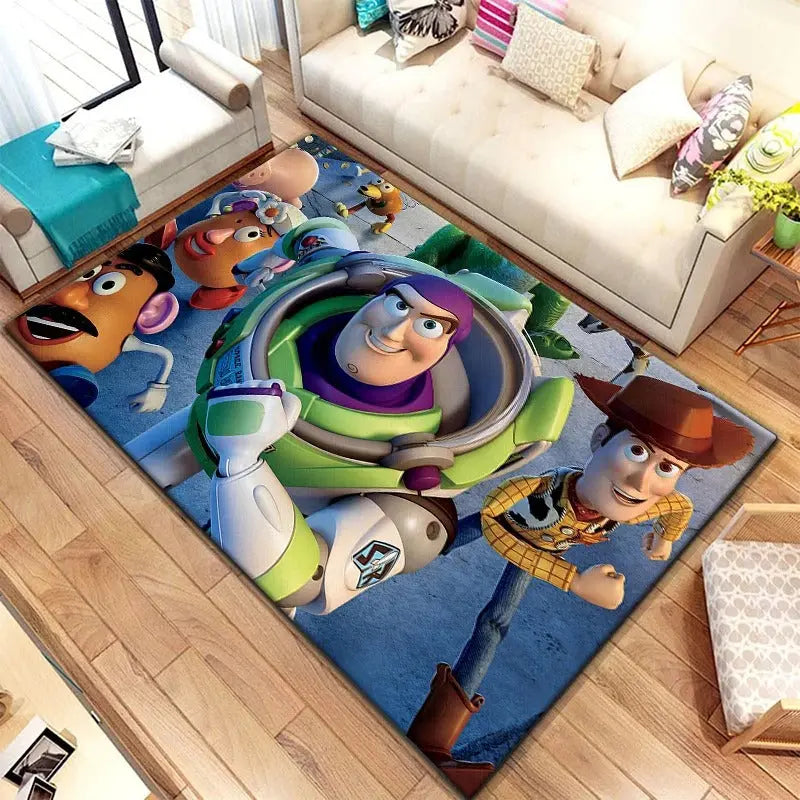 Toy Story character rectangle rug featuring Woody, Buzz Lightyear, and Mr. Potato Head on soft polyester