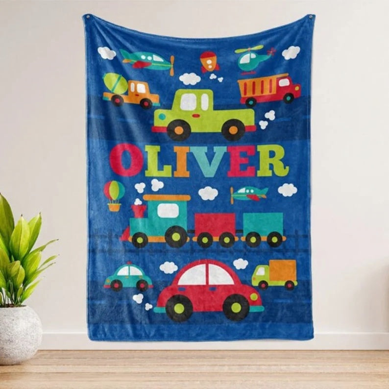 
Transportation Blanket Personalized Boy Kids Name Blanket Baby Nursery Cars Trucks Train Gift Boys Throw Blanket Room Decor
