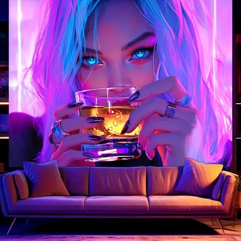 Trendy neon girl drinking backdrop with moody glowing tones and bold expression