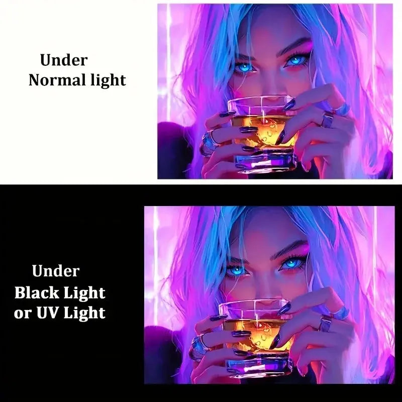 Trendy neon girl drinking backdrop with moody glowing tones and bold expression
