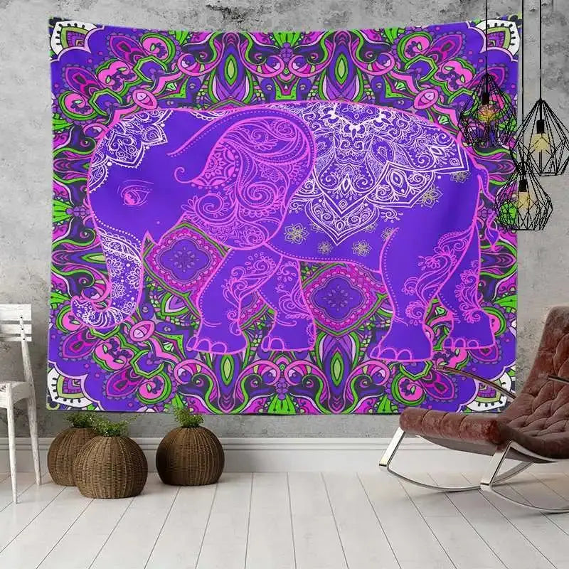 Tribal-style elephant tapestry with lace mandala details
